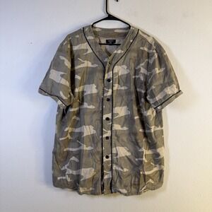 Forever 21 Shirt Mens Xl Brown Camo Baseball Jersey Button Front Paradise